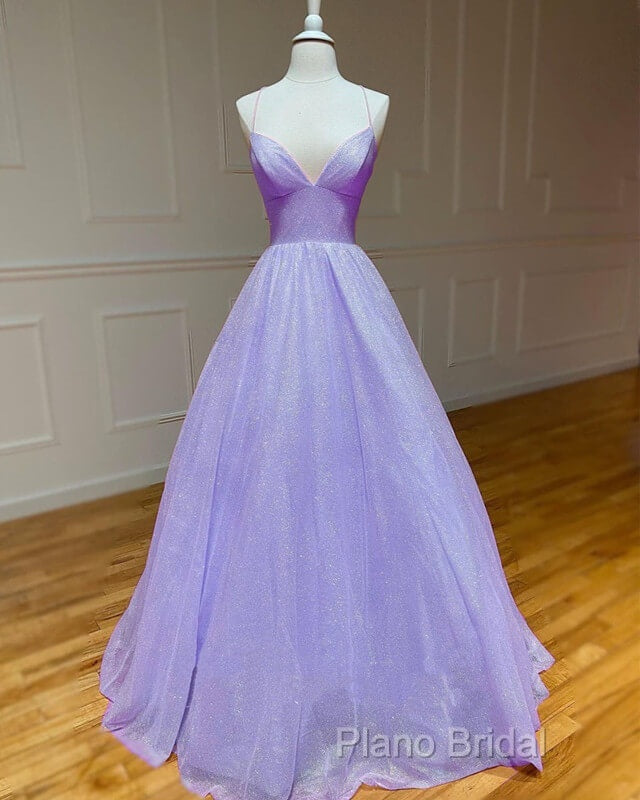Lavender Sparkly Formal Prom Dresses V Neck Ball Gown