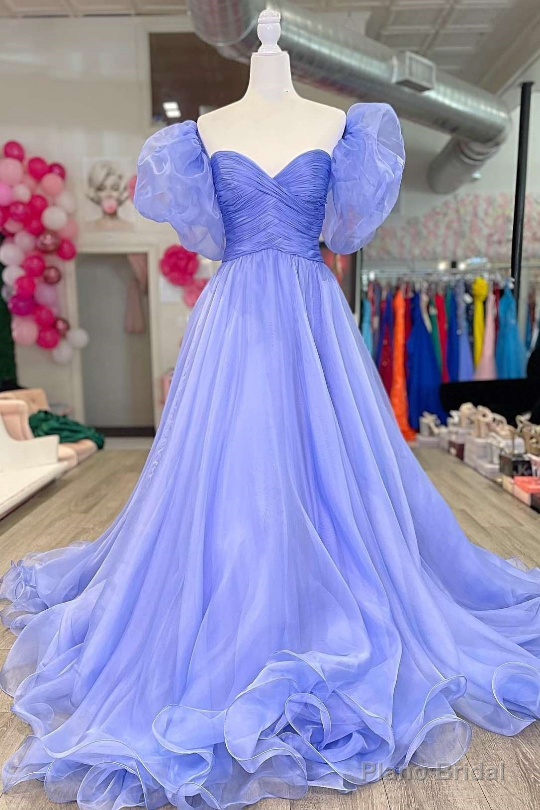 Lavender Strapless A-Line Prom Dress with Puff Sleeves Main image