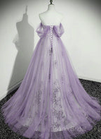 Lavender Tulle A-Line Beaded Off Shoulder Party Dresses, Lavender Long Formal Dresses
