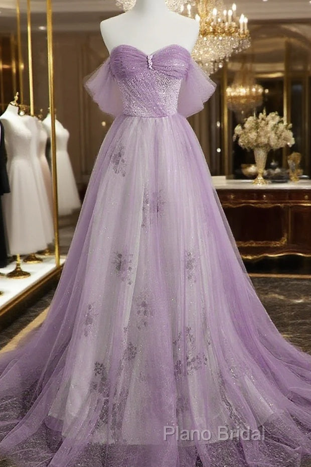 Lavender Tulle A-Line Beaded Off Shoulder Party Dresses, Lavender Long Formal Dresses