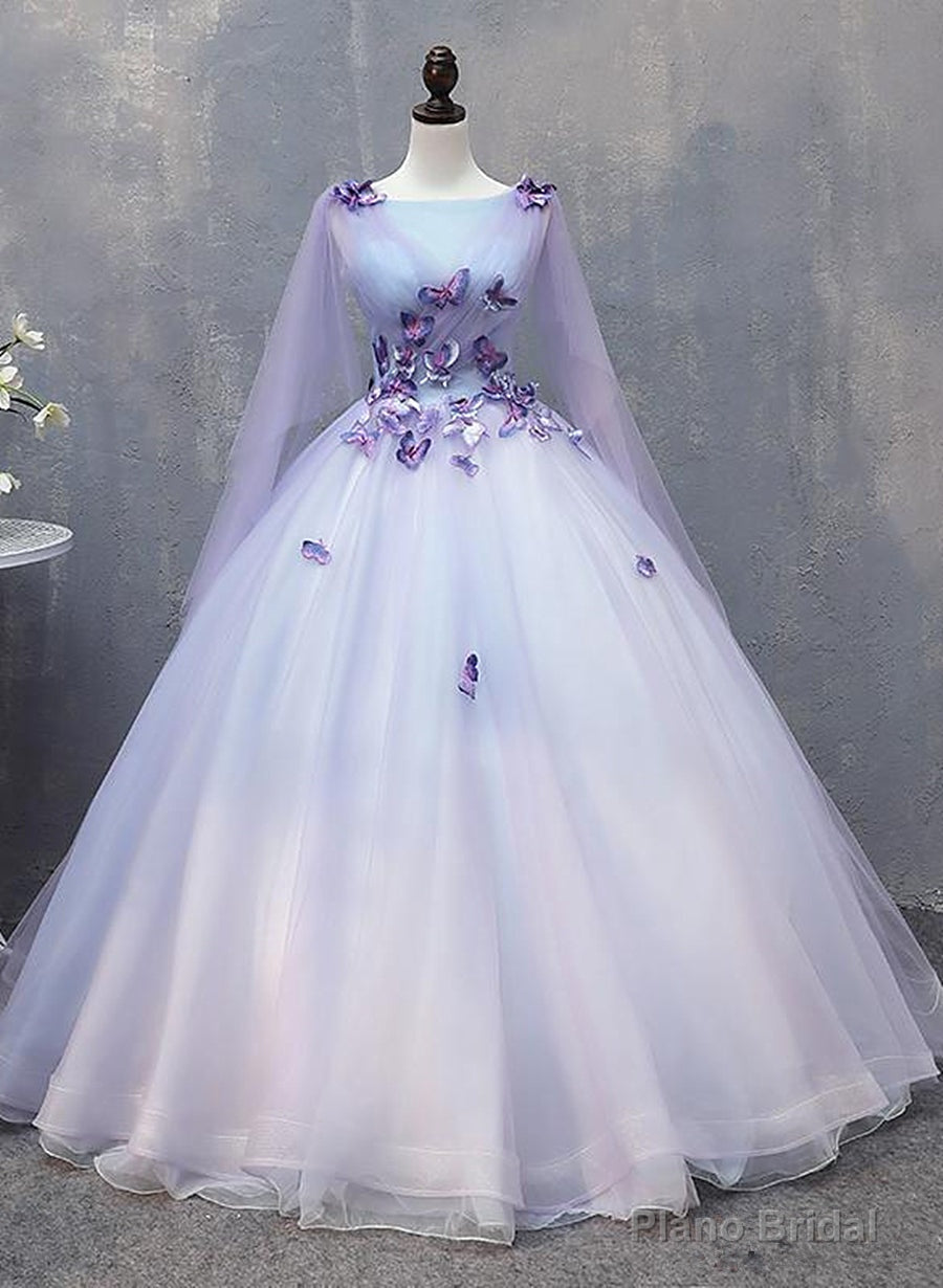 Lavender Tulle Long Formal Dress with Butterflies拢卢Lavender Sweet 16 Dress Main image