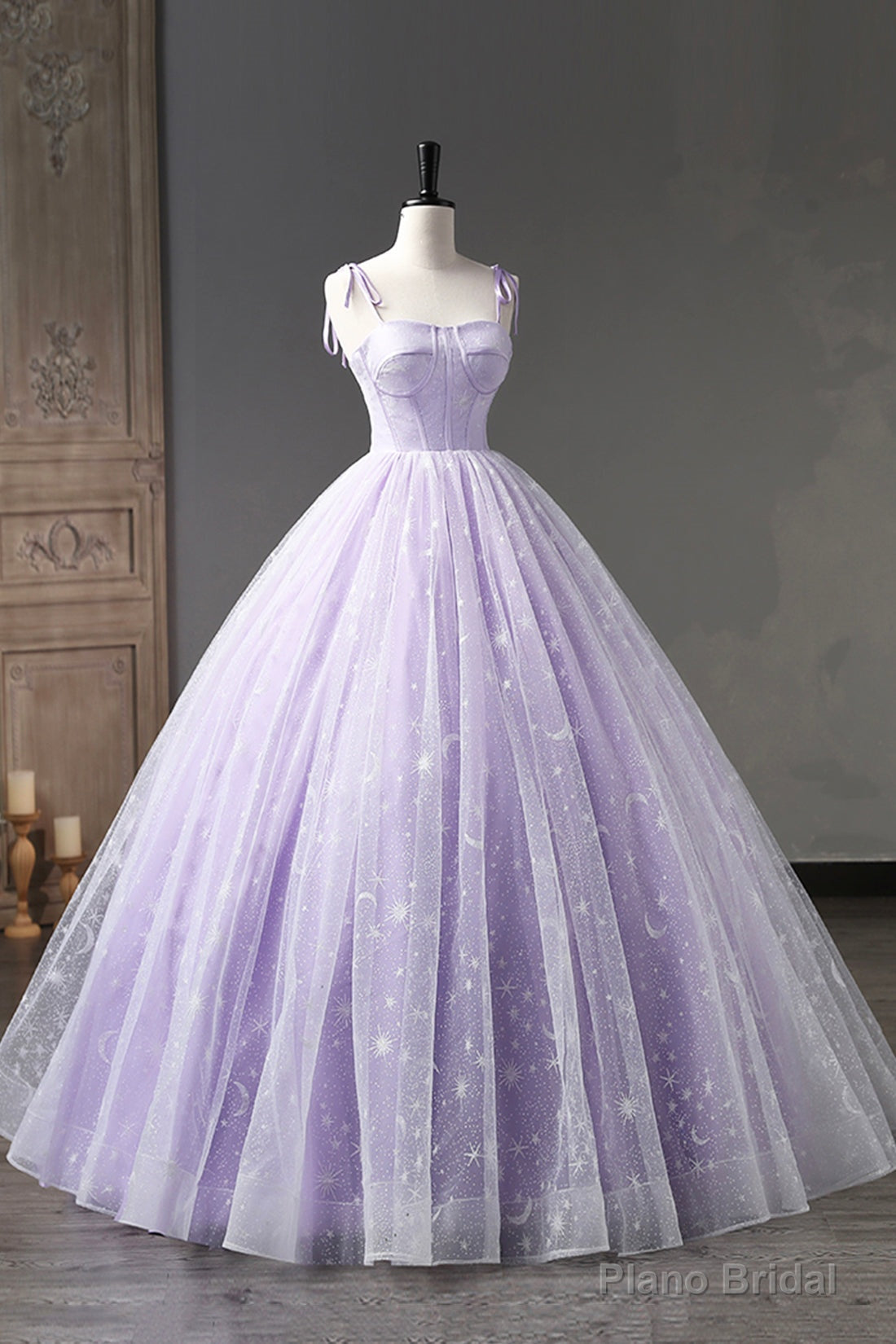 Lavender Tulle Straps Floor Length Evening Dress, Lavender A-Line Prom Dress Main image