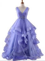 Lavender Tulle V-Neckline Layers Long Sweet 16 Dresses, Light Purple Formal Prom Dresses Party Dresses