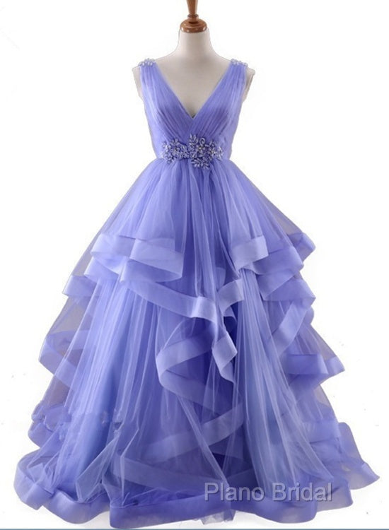 Lavender Tulle V-Neckline Layers Long Sweet 16 Dresses, Light Purple Formal Prom Dresses Party Dresses