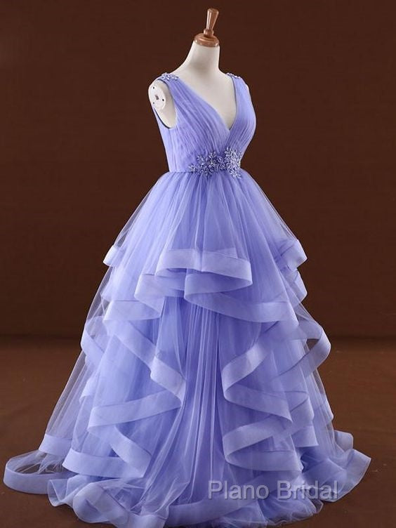 Lavender Tulle V-Neckline Layers Long Sweet 16 Dresses, Light Purple Formal Prom Dresses Party Dresses