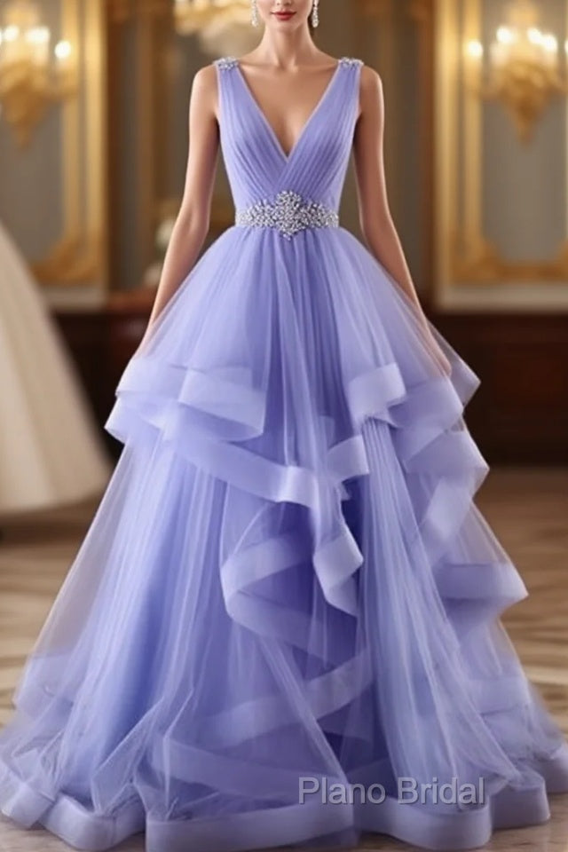 Lavender Tulle V-Neckline Layers Long Sweet 16 Dresses, Light Purple Formal Prom Dresses Party Dresses Main image