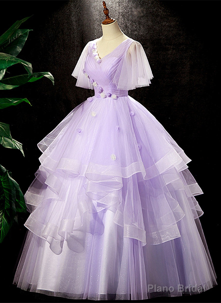 Lavender Tulle V-neckline Sweet 16 Dress with Flowers, Lavender Formal Dress Prom Dress