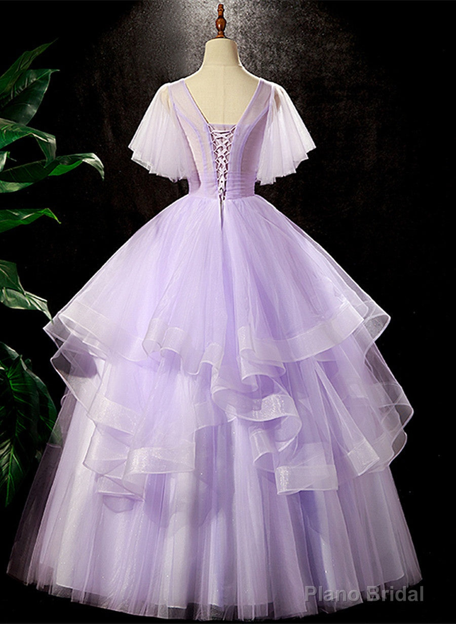Lavender Tulle V-neckline Sweet 16 Dress with Flowers, Lavender Formal Dress Prom Dress