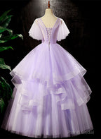 Lavender Tulle V-neckline Sweet 16 Dress with Flowers, Lavender Formal Dress Prom Dress