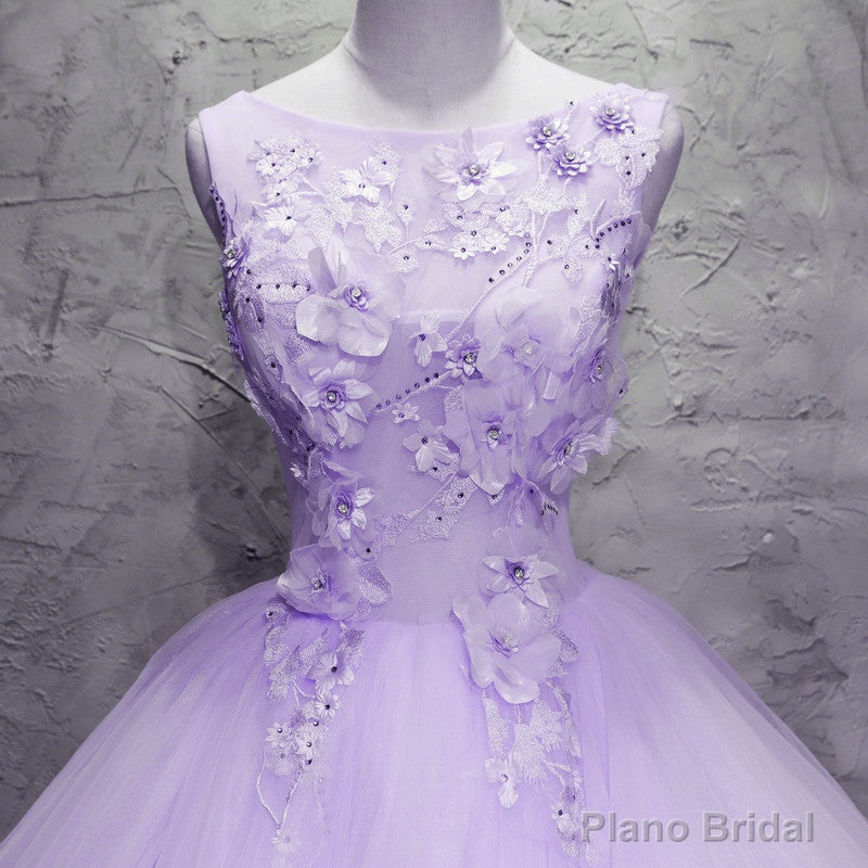 Lavender Tulle with Flowers Ball Gown Sweet 16 Dress, Lavender Long Formal Dress