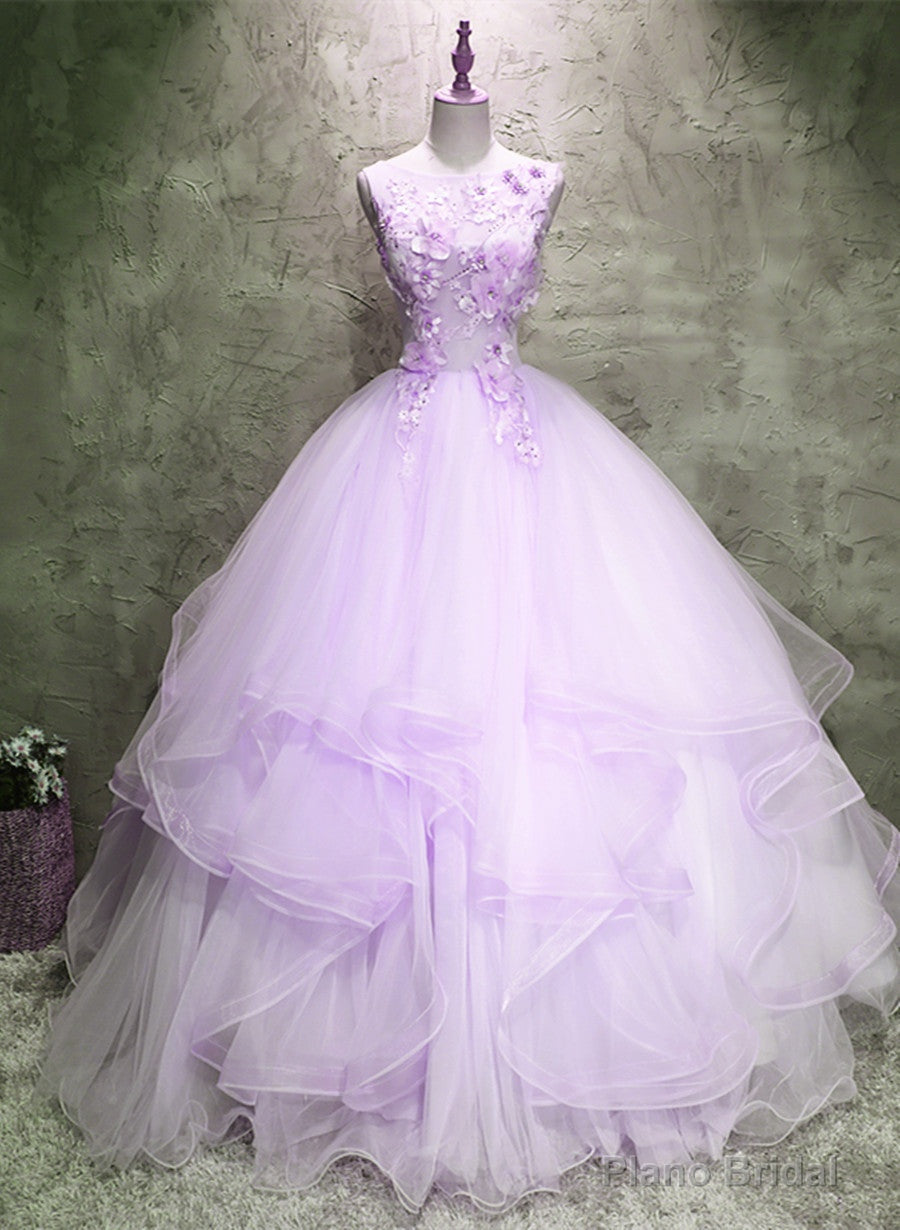 Lavender Tulle with Flowers Ball Gown Sweet 16 Dress, Lavender Long Formal Dress Main image