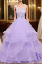 Lavender Tulle With Lace Ruffled Long Formal Gown, Ball Gown Sweet 16 Dresses