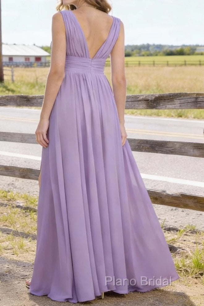 Lavender V Neck Chiffon Floor Length Bridesmaid Dresses Long Bridesmaid Dress With Pleated Split Secondary image
