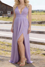 Lavender V Neck Chiffon Floor Length Bridesmaid Dresses Long Bridesmaid Dress With Pleated Split