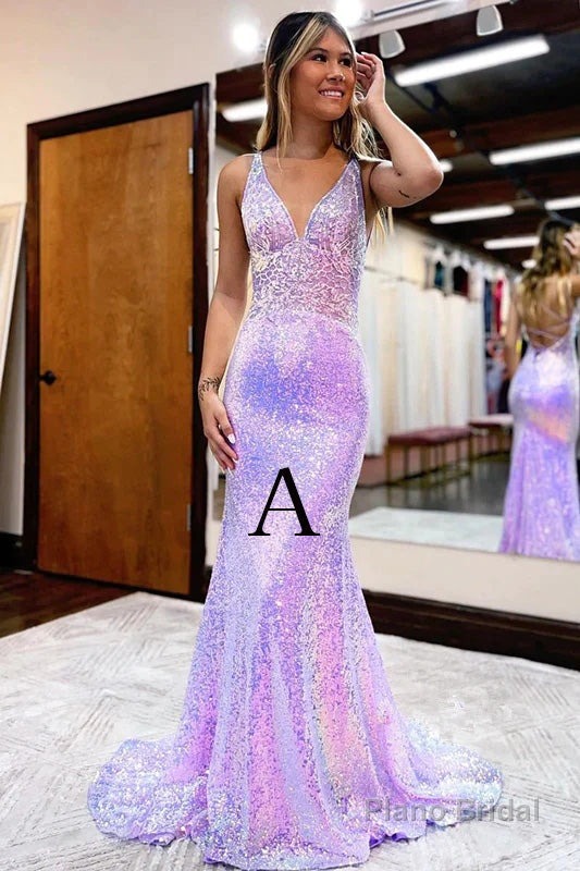 Lavender V Neck Mermaid Prom Dress, Sparkly Sequined Long Evening Gown Secondary image