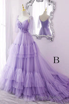 A Line V Neck New Style Tiered Long Tulle Formal Prom Dresses, Evening Gown with Flower