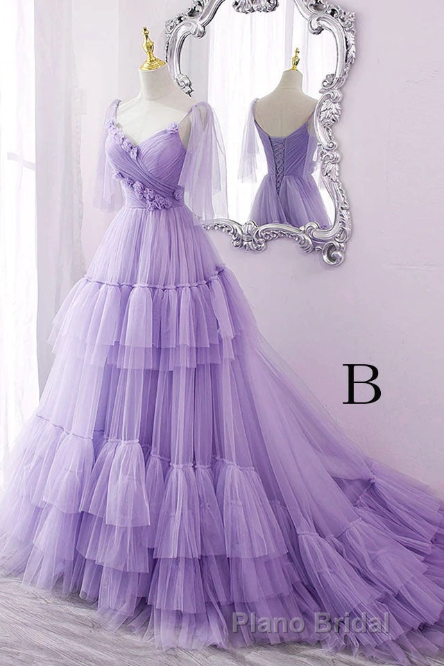 A Line V Neck New Style Tiered Long Tulle Formal Prom Dresses, Evening Gown with Flower