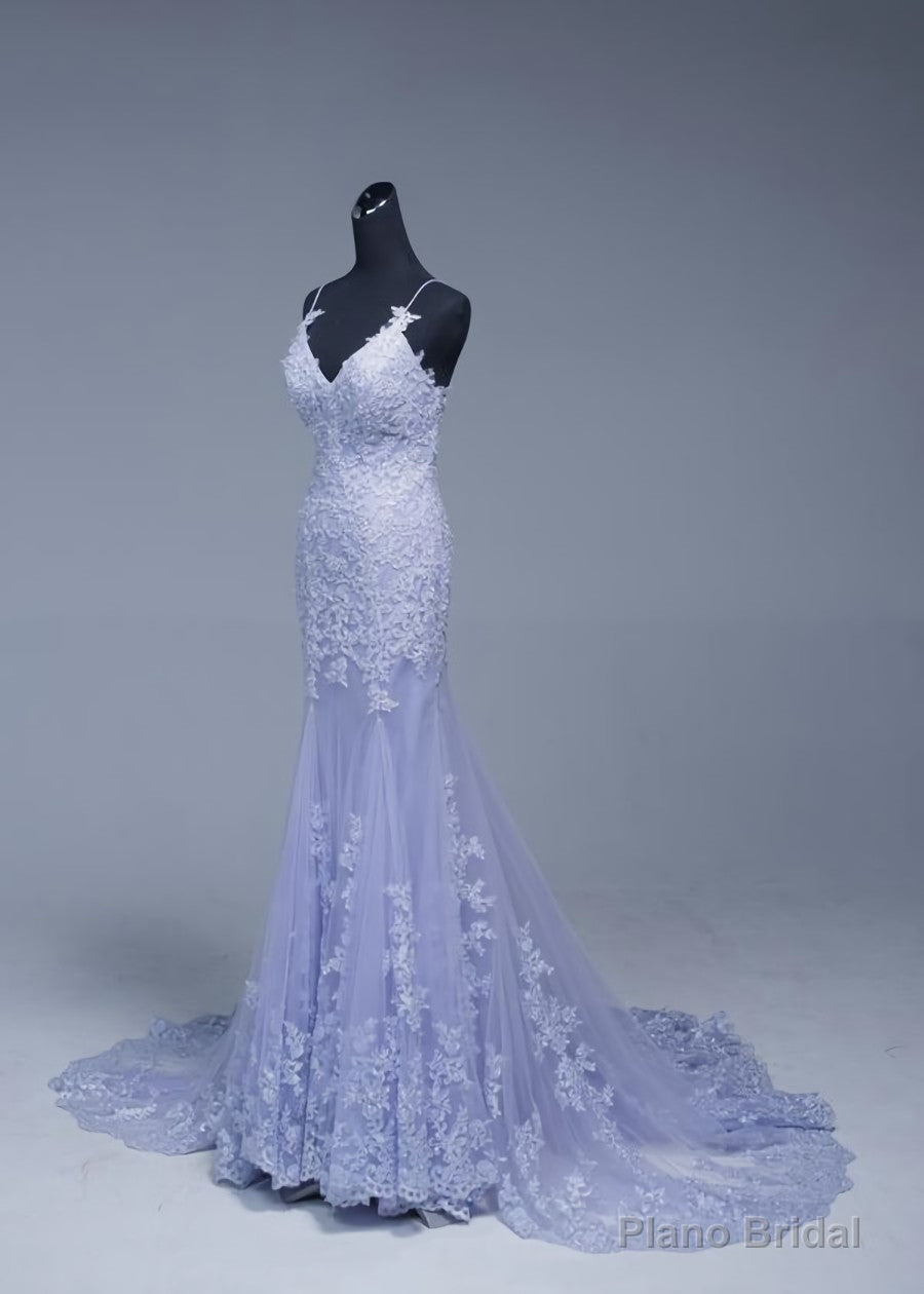 Lavener Tulle with Lace Sheath Spaghetti Straps Evening Dresses, Long Prom Dresses Main image