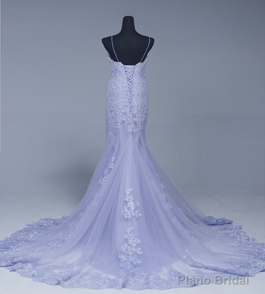 Lavener Tulle with Lace Sheath Spaghetti Straps Evening Dresses, Long Prom Dresses