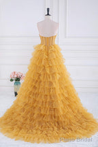 Layers Tulle Yellow Prom Dresses With Ruching Bodice