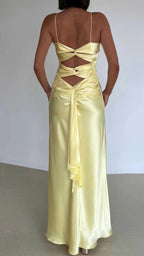 Yellow Fashion Elegant Satin Backless Long Spaghetti Straps Formal Evening Gown Formal Prom Dresses