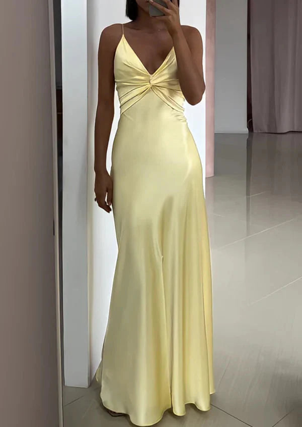 Yellow Fashion Elegant Satin Backless Long Spaghetti Straps Formal Evening Gown Formal Prom Dresses