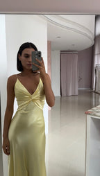 Yellow Fashion Elegant Satin Backless Long Spaghetti Straps Formal Evening Gown Formal Prom Dresses