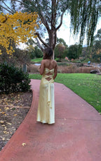 Yellow Fashion Elegant Satin Backless Long Spaghetti Straps Formal Evening Gown Formal Prom Dresses