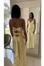Yellow Fashion Elegant Satin Backless Long Spaghetti Straps Formal Evening Gown Formal Prom Dresses