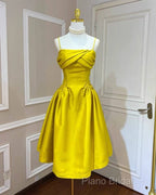 Lemon Yellow Satin Midi Bridesmaid Dresses