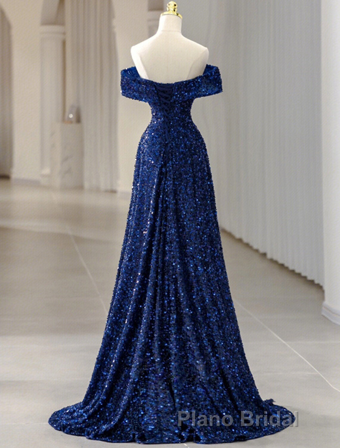 A-Line Evening Gown Elegant Dresses Formal Wedding Guest Sweep / Brush Train Sleeveless Off Shoulder Sequined with Glitter Sequin Masquerade Dresses Secondary image