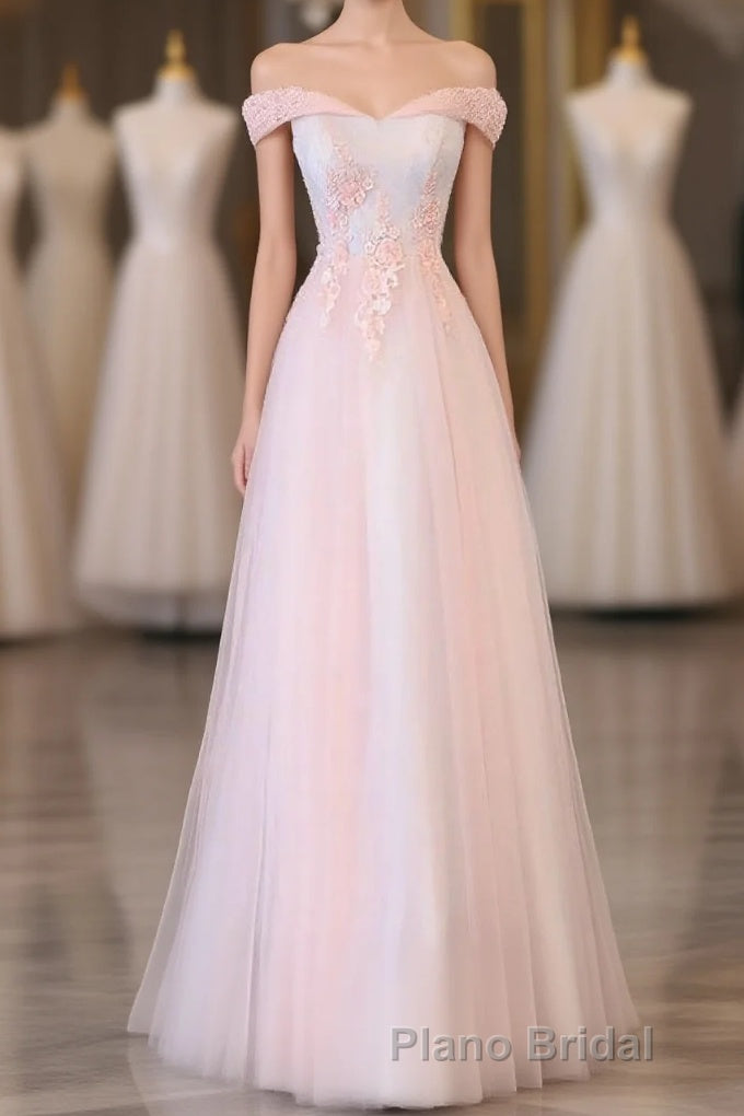 Light Pink Lace Off Shoulder Lonng Formal Prom Dresses, Pink Evening Dresses Main image