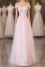 Light Pink Lace Off Shoulder Lonng Formal Prom Dresses, Pink Evening Dresses