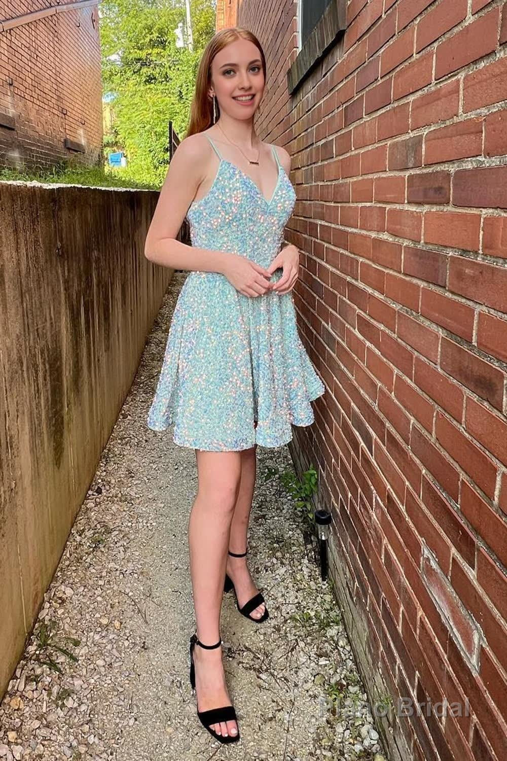 Light Blue A-Line Backless Sequins Homecoming Dress Main image