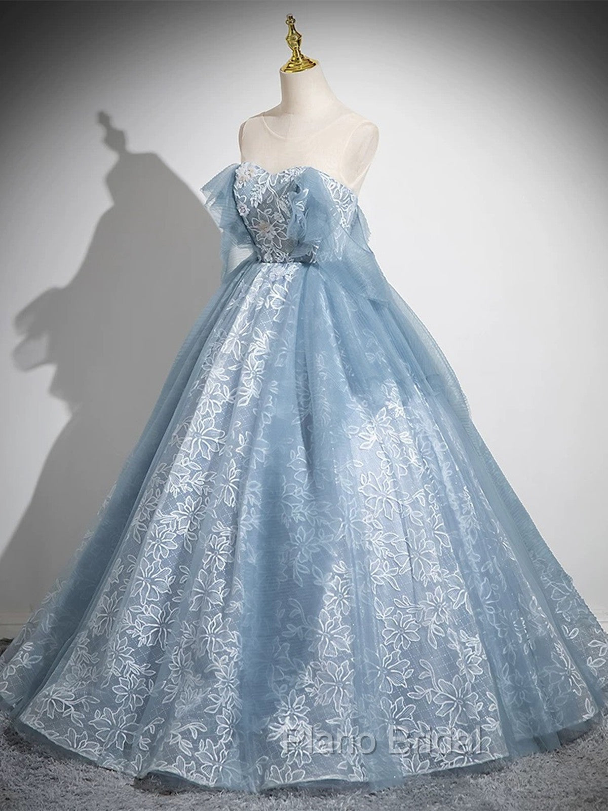 Light Blue A-Line Lace And Tulle Long Party Dresses, Blue Round Neckline Formal Prom Dresses Secondary image