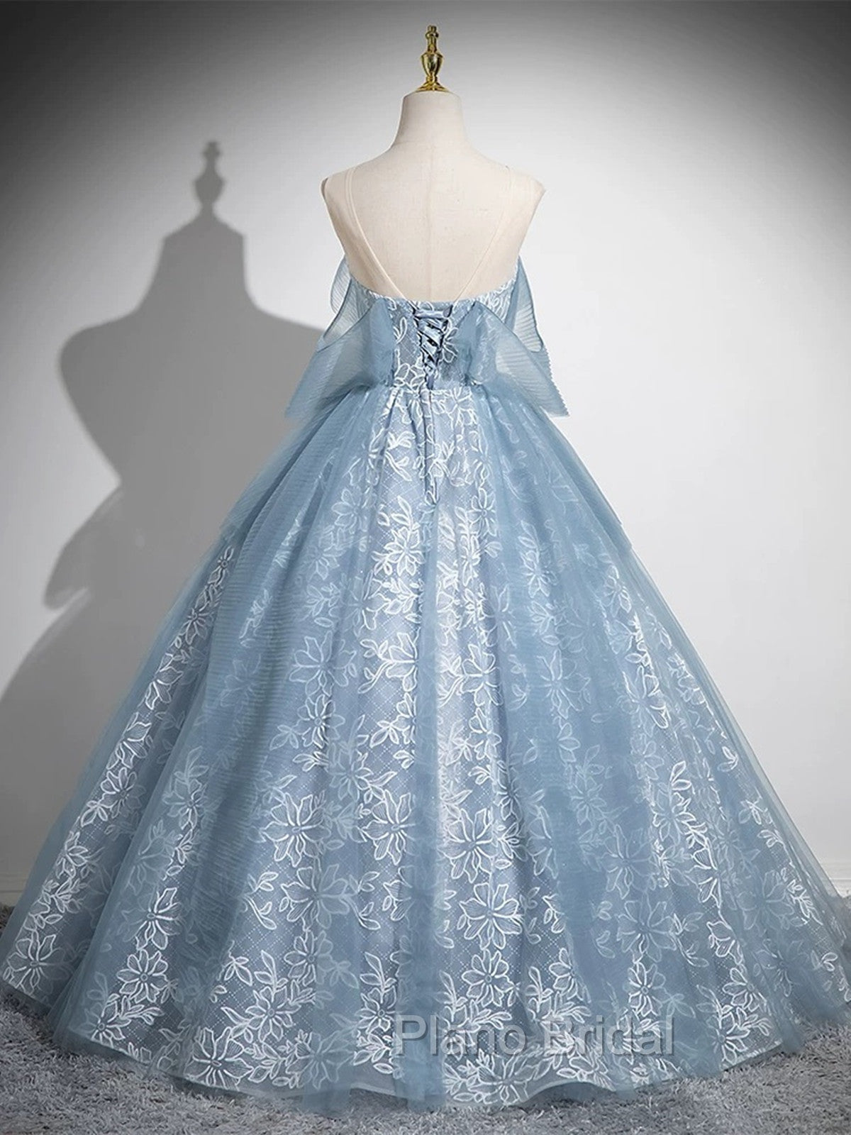 Light Blue A-Line Lace And Tulle Long Party Dresses, Blue Round Neckline Formal Prom Dresses