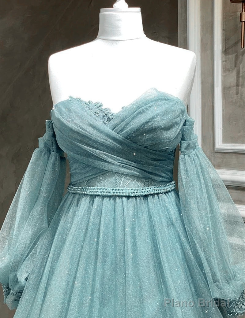 Light Blue A-line Long Sleeves Party Dress with Lace, Sweetheart Long Prom Dress Main image
