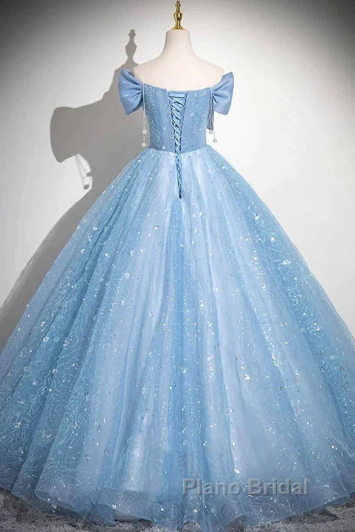 Light Blue A-Line Off Shoulder Tulle Sequins Long Formal Prom Dresses Evening Dresses Secondary image