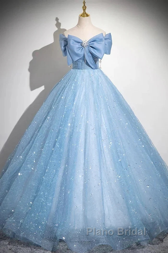 Light Blue A-Line Off Shoulder Tulle Sequins Long Formal Prom Dresses Evening Dresses