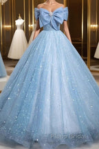 Light Blue A-Line Off Shoulder Tulle Sequins Long Formal Prom Dresses Evening Dresses
