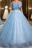Light Blue A-Line Off Shoulder Tulle Sequins Long Formal Prom Dresses Evening Dresses