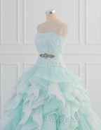 Light Blue A-Line Strapless Tulle Lace Long Formal Prom Dresses Vintage Wedding Dresses