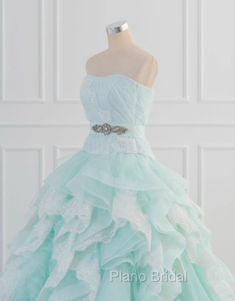 Light Blue A-Line Strapless Tulle Lace Long Formal Prom Dresses Vintage Wedding Dresses