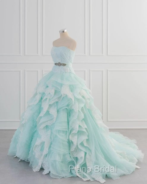 Light Blue A-Line Strapless Tulle Lace Long Formal Prom Dresses Vintage Wedding Dresses