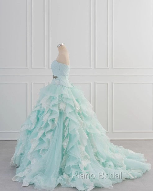 Light Blue A-Line Strapless Tulle Lace Long Formal Prom Dresses Vintage Wedding Dresses