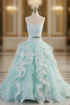 Light Blue A-Line Strapless Tulle Lace Long Formal Prom Dresses Vintage Wedding Dresses