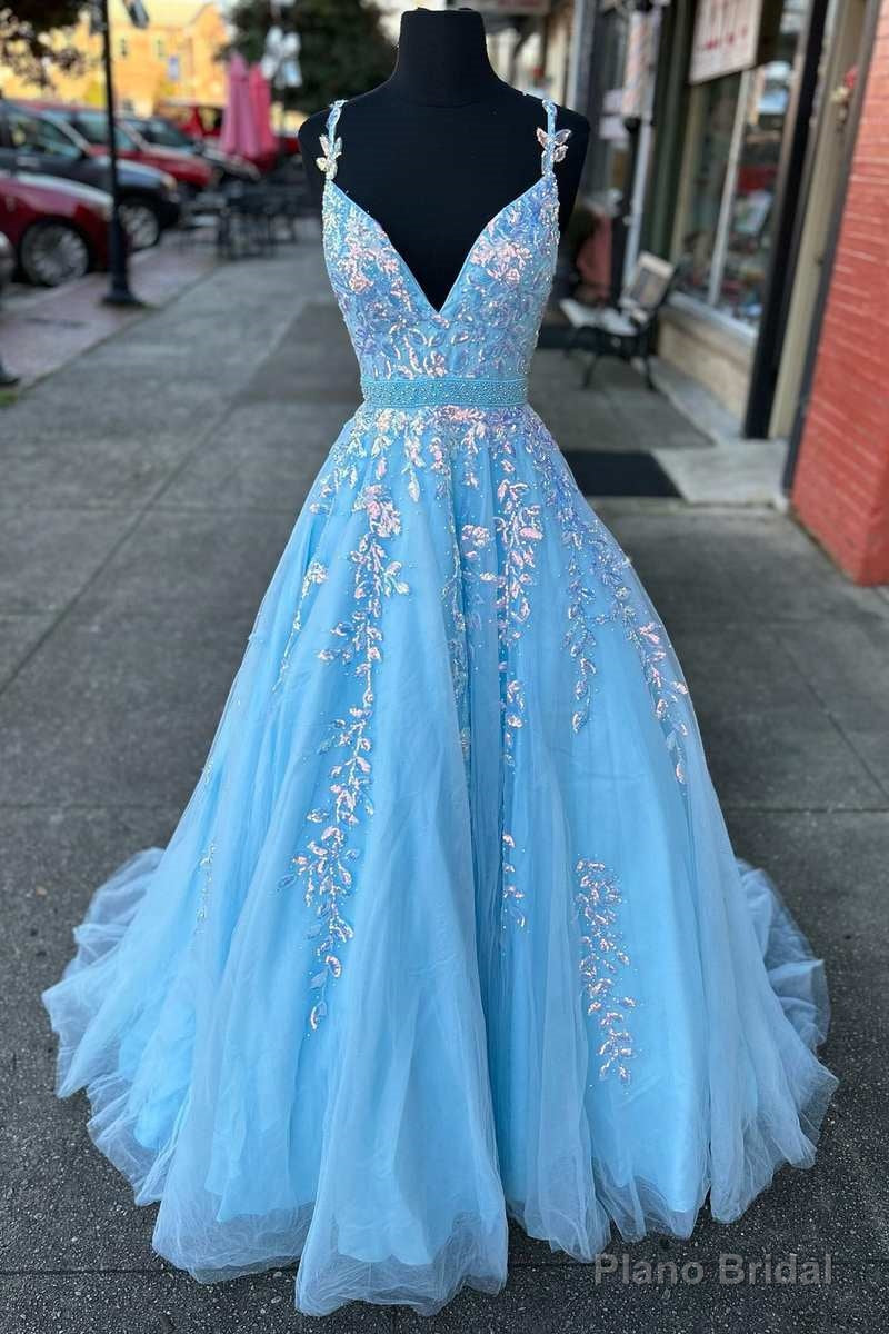 Light Blue Appliques V-Neck Belted A-Line Prom Dress Main image