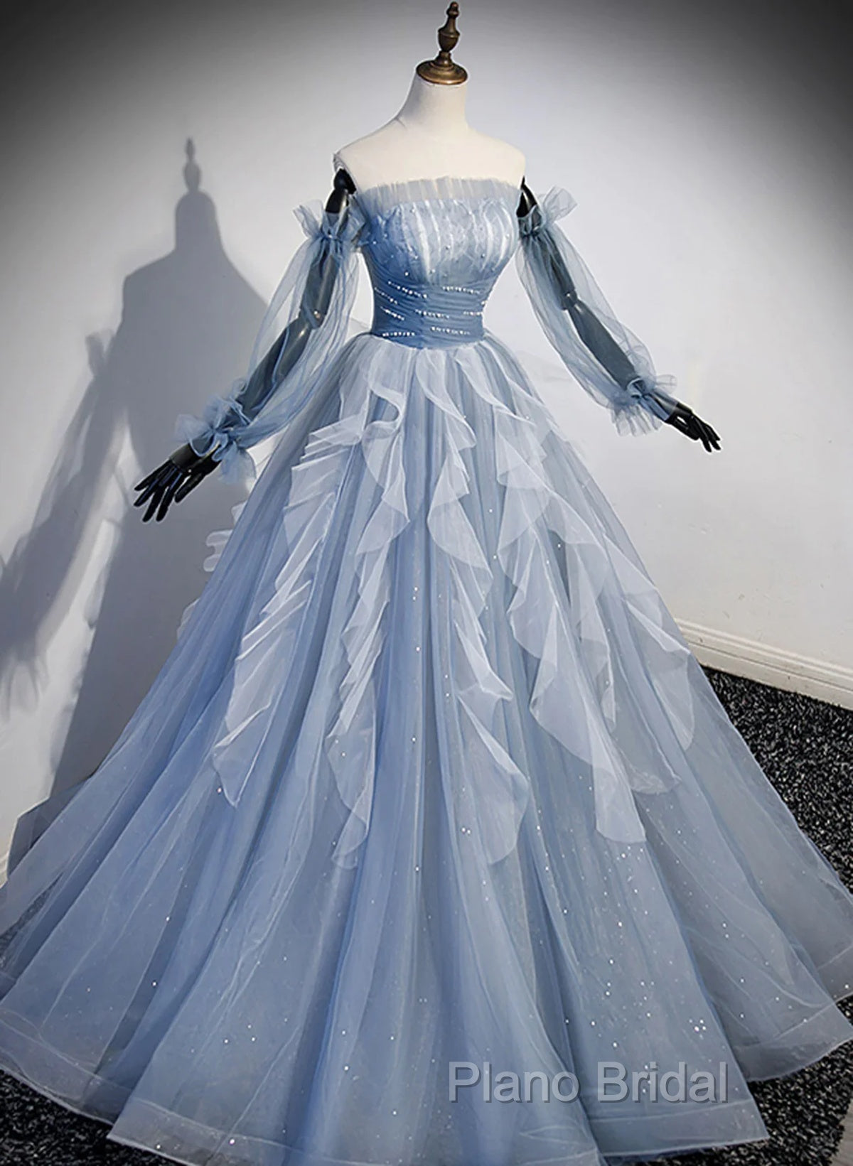 Light Blue Ball Gown Long Sleeves Beaded Party Dresses, Light Blue Formal Prom Dresses