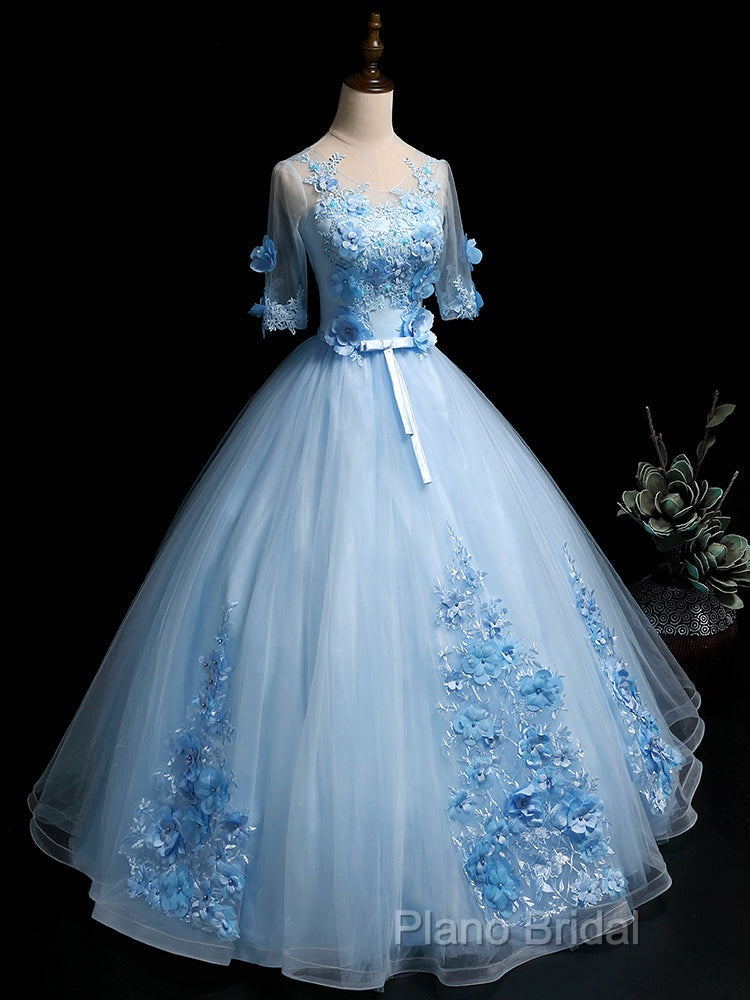 Light Blue Ball Gown With Sleeves Party Dresses, Blue Sweet 16 Dresses