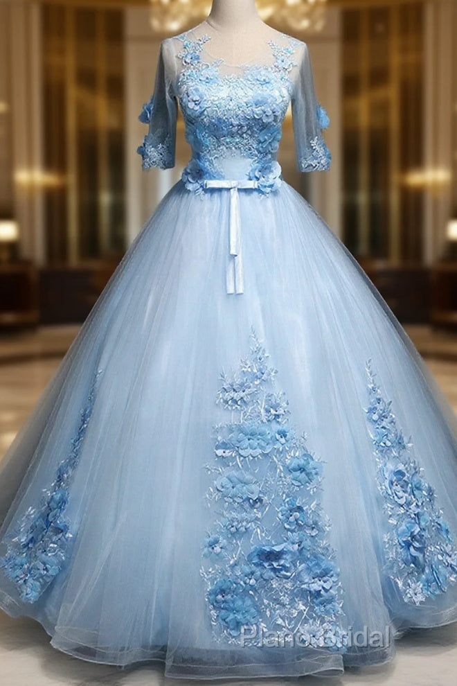 Light Blue Ball Gown With Sleeves Party Dresses, Blue Sweet 16 Dresses